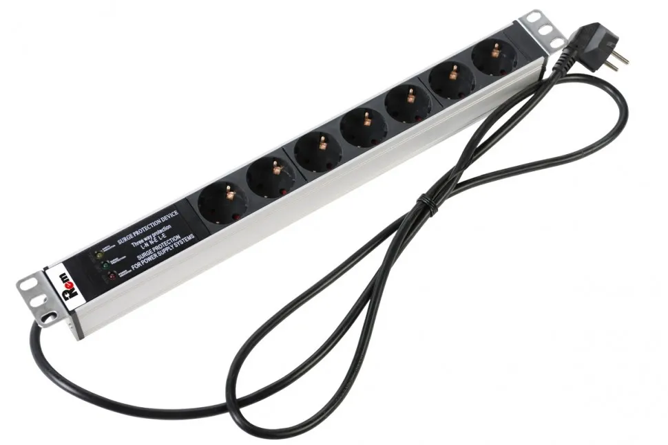 Блок розеток  19", Rem-16, с фил. и инд., 7 розеток Schuko, 16A, алюм., шнур 1,8м, Rem