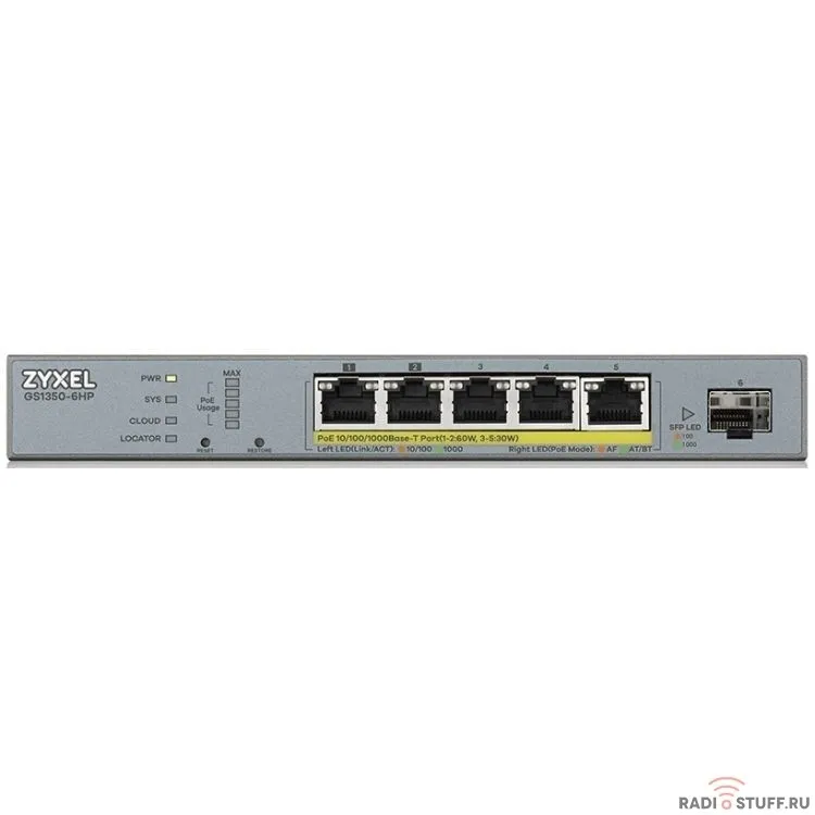 ZYXEL GS1350-6HP-EU0101F L2 коммутатор PoE+ для IP-видеокамер 4xGE PoE+, 1xGE PoE++ (802.3bt), 1xSFP, бюджет PoE 60 Вт, дальность передачи питания до 250 м, автоперезагрузка PoE-портов