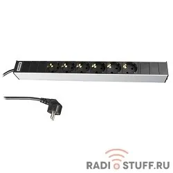 Блок розеток 19", горизонтальный, 6 розеток Schuko, 16A, шнур 2.5м, Hyperline