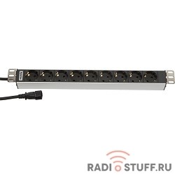 Блок розеток 19", горизонтальный, 9 розеток Schuko, 10A, вилка С14, шнур 2.5м, Hyperline