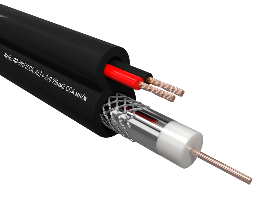 Кабель коаксиальный Netko RG-59U, 75 Ом (CCA, оплетка 32 нити AL) + кабель питания 2x0.75мм2 (CCA, многожильный), аналог КВОС, внешний, черный (100м)