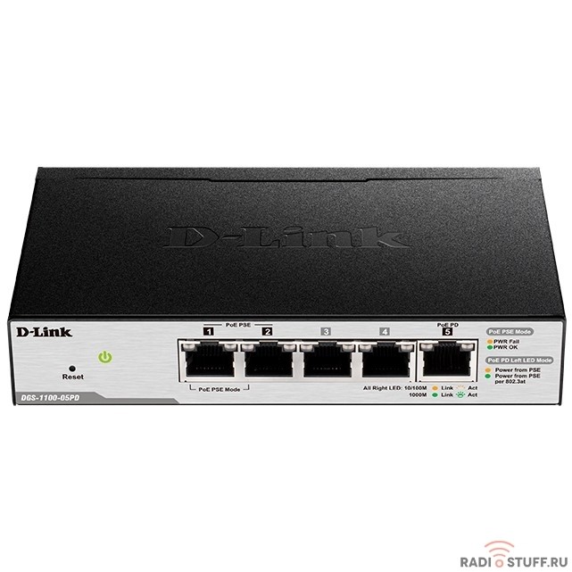 D-Link DGS-1100-05PDV2/A1A Настраиваемый L2 коммутатор с 5 портами 10/100/1000Base-T (2 порта PoE, 1 порт для питания коммутатора по PoE). Питание осуществляется только по PoE.